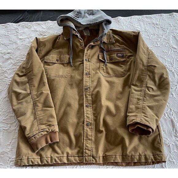 Genuine Dickies Hooded Work Jacket Brown Canvas Quilted Barn Coat 2XL (50-52) - Picture 3 of 16